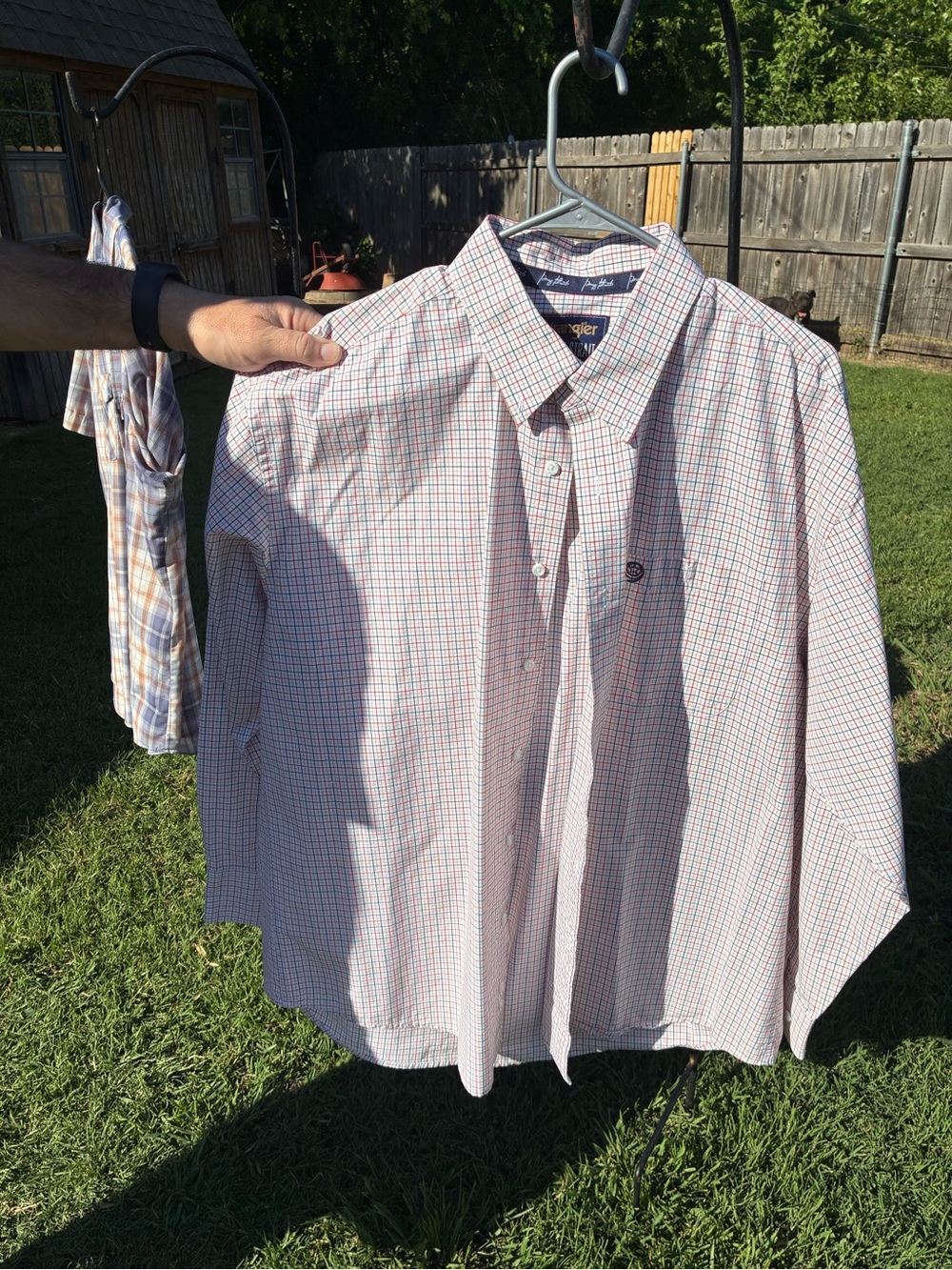 Wrangler Men's White and Pink Grid Button-Down Dress Shirt